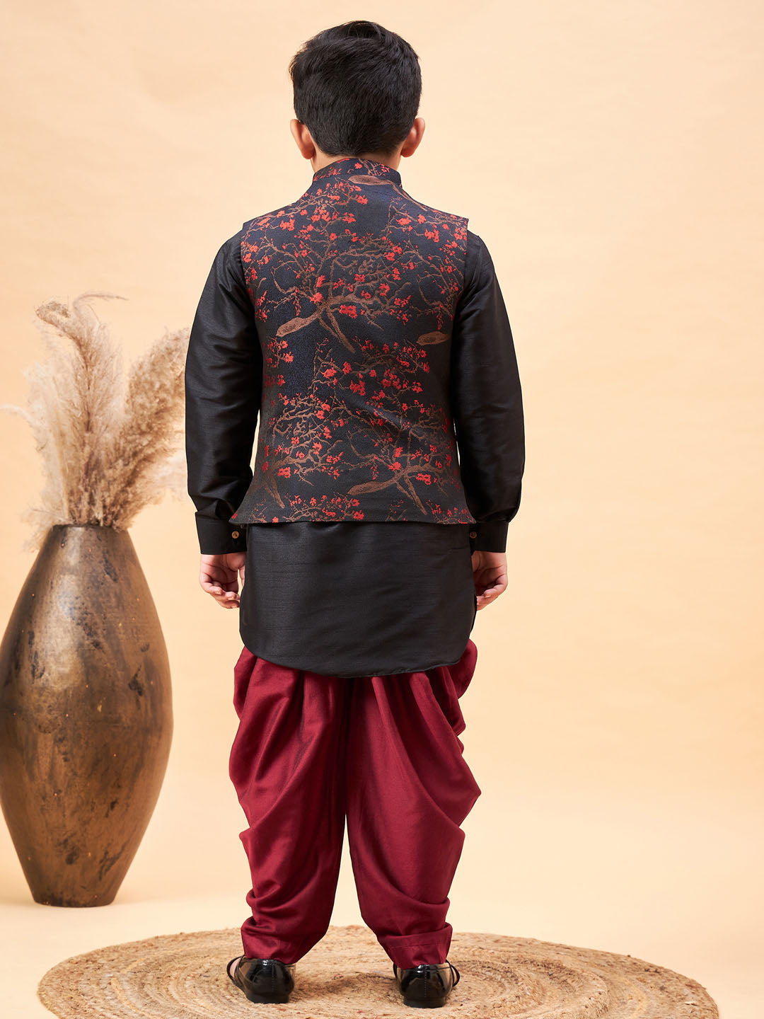 JBN CREATION Boys Maroon Jacquard Jacket With Black kurta and Dhoti Set