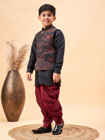 JBN CREATION Boys Maroon Jacquard Jacket With Black kurta and Dhoti Set