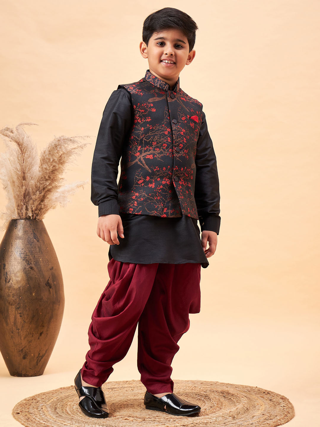 JBN CREATION Boys Maroon Jacquard Jacket With Black kurta and Dhoti Set