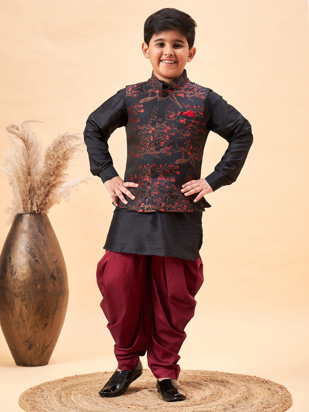 JBN CREATION Boys Maroon Jacquard Jacket With Black kurta and Dhoti Set