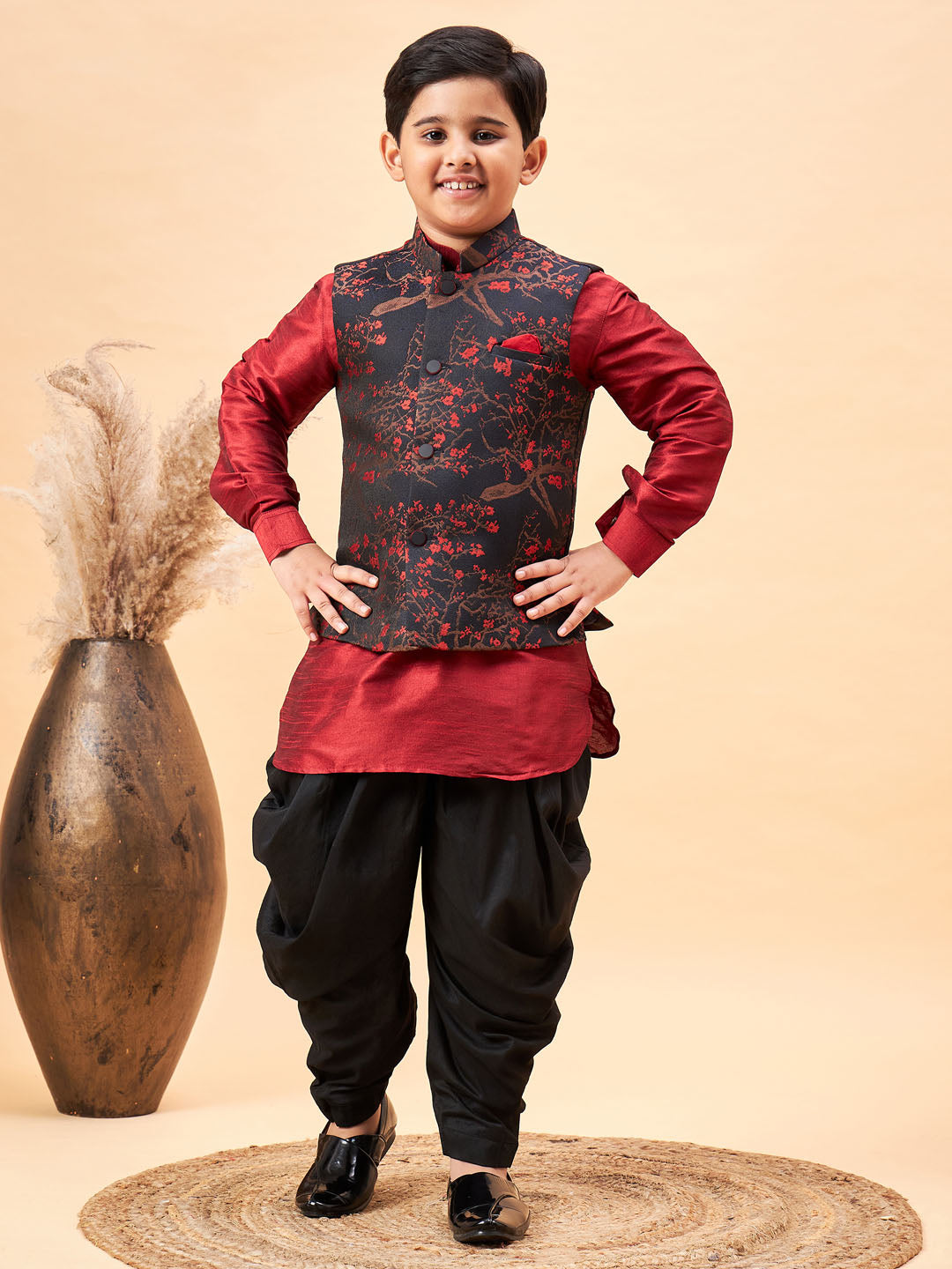 JBN CREATION Boys Maroon Jacquard Jacket With Maroon kurta and Dhoti Set