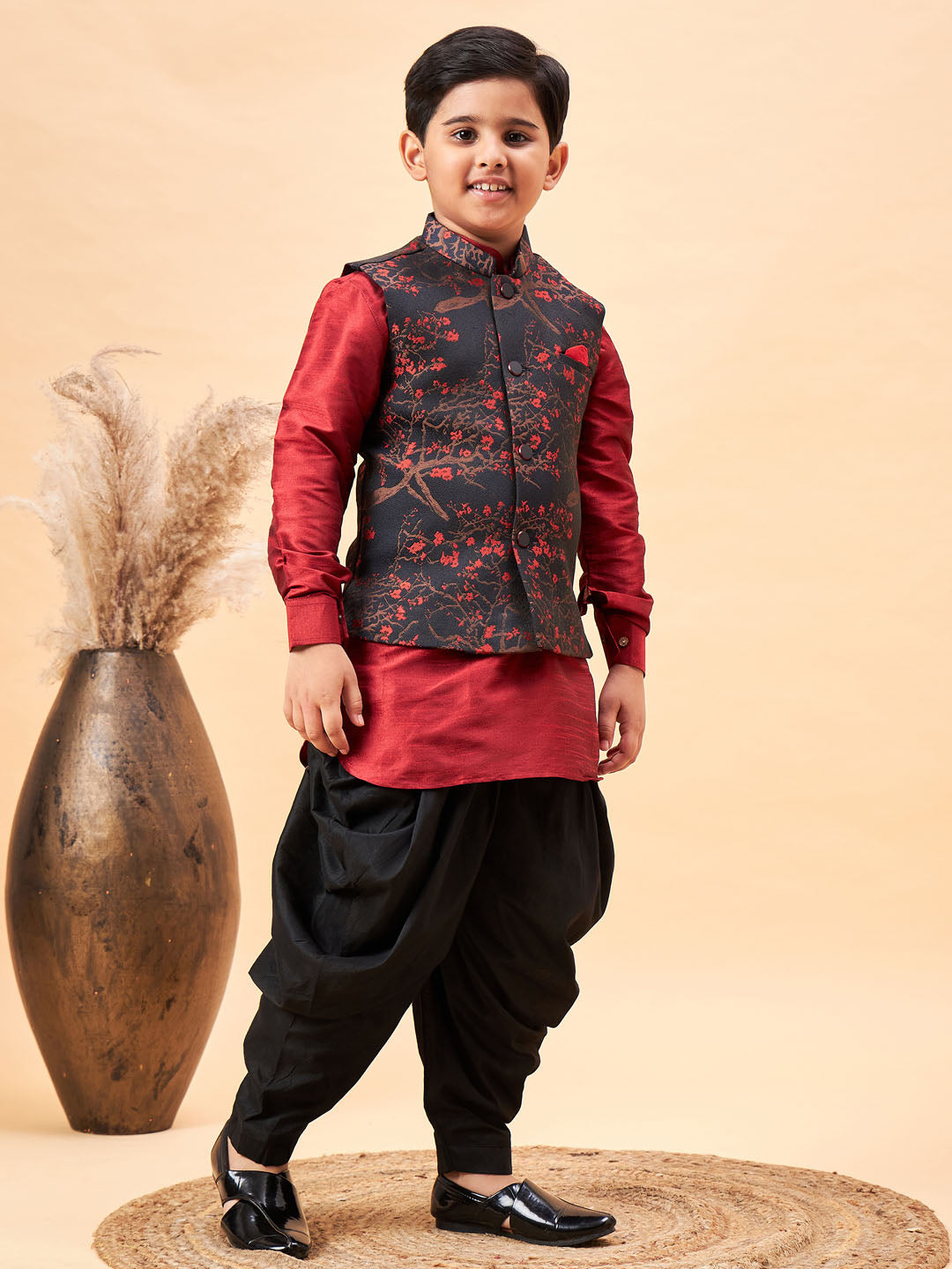 JBN CREATION Boys Maroon Jacquard Jacket With Maroon kurta and Dhoti Set