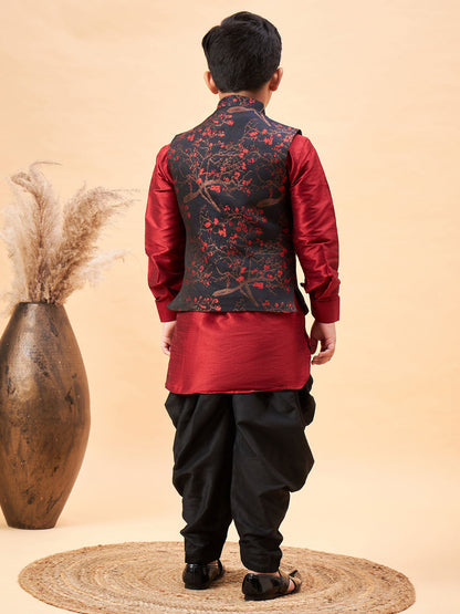 JBN CREATION Boys Maroon Jacquard Jacket With Maroon kurta and Dhoti Set