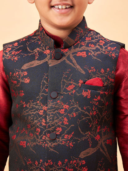 JBN CREATION Boys Maroon Jacquard Jacket With Maroon kurta and Dhoti Set