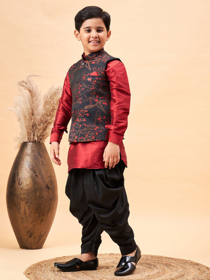 JBN CREATION Boys Maroon Jacquard Jacket With Maroon kurta and Dhoti Set