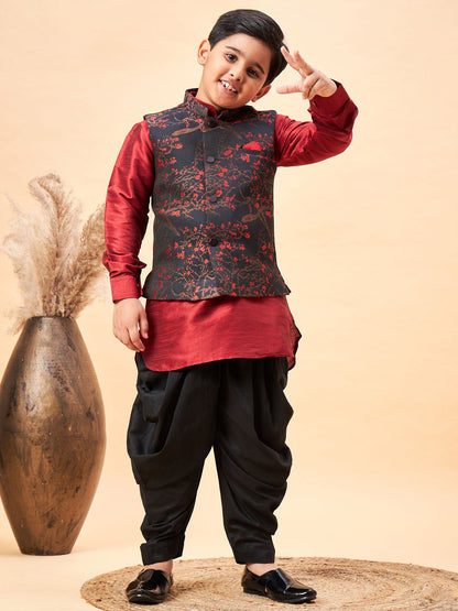 JBN CREATION Boys Maroon Jacquard Jacket With Maroon kurta and Dhoti Set