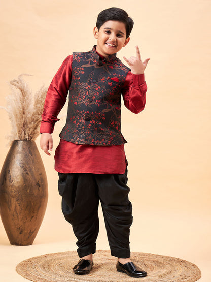 JBN CREATION Boys Maroon Jacquard Jacket With Maroon kurta and Dhoti Set