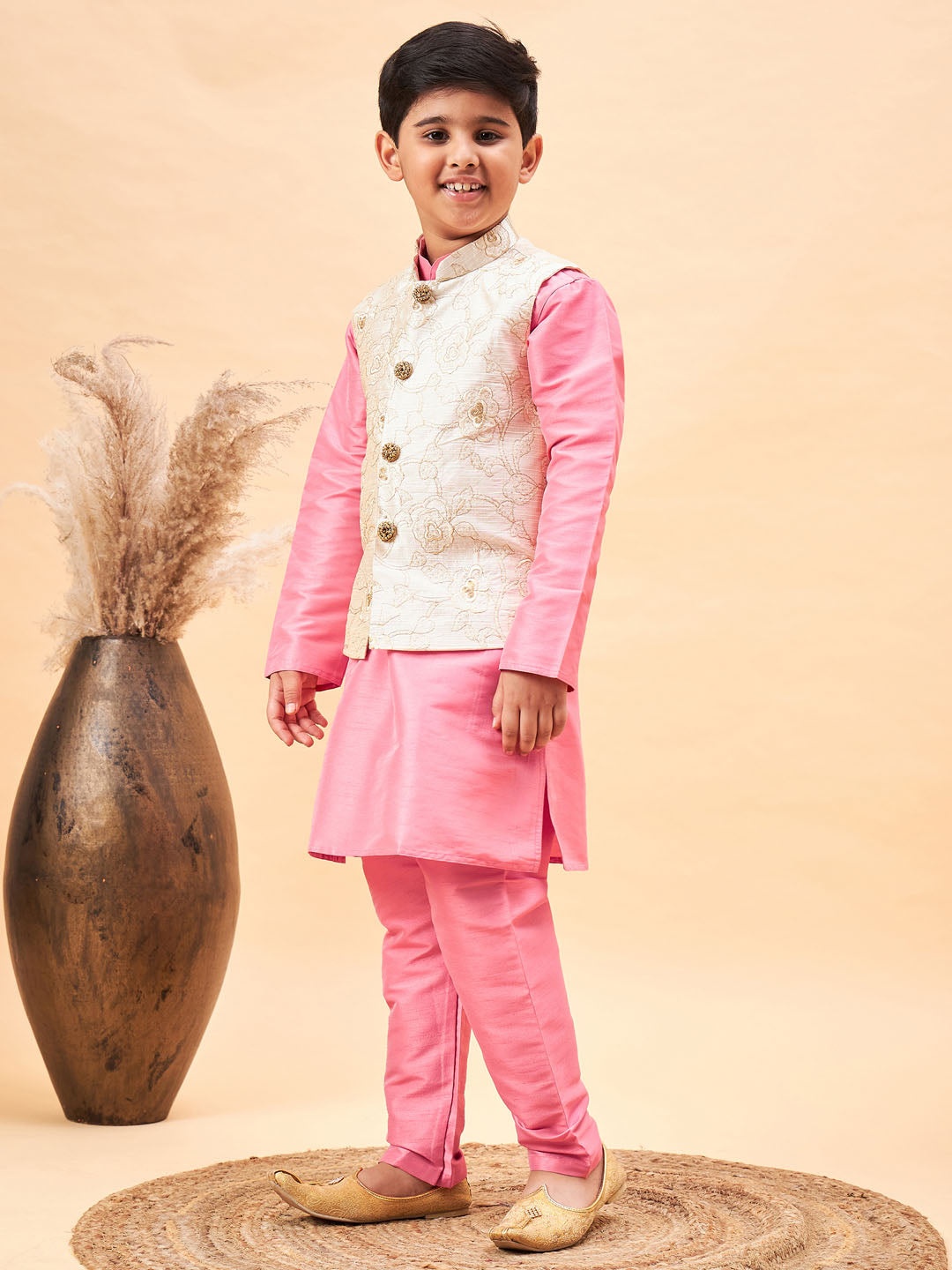 VASTRAMAY Boy's Beige Woven Nehru Jacket With Pink Kurta Pyjama Set