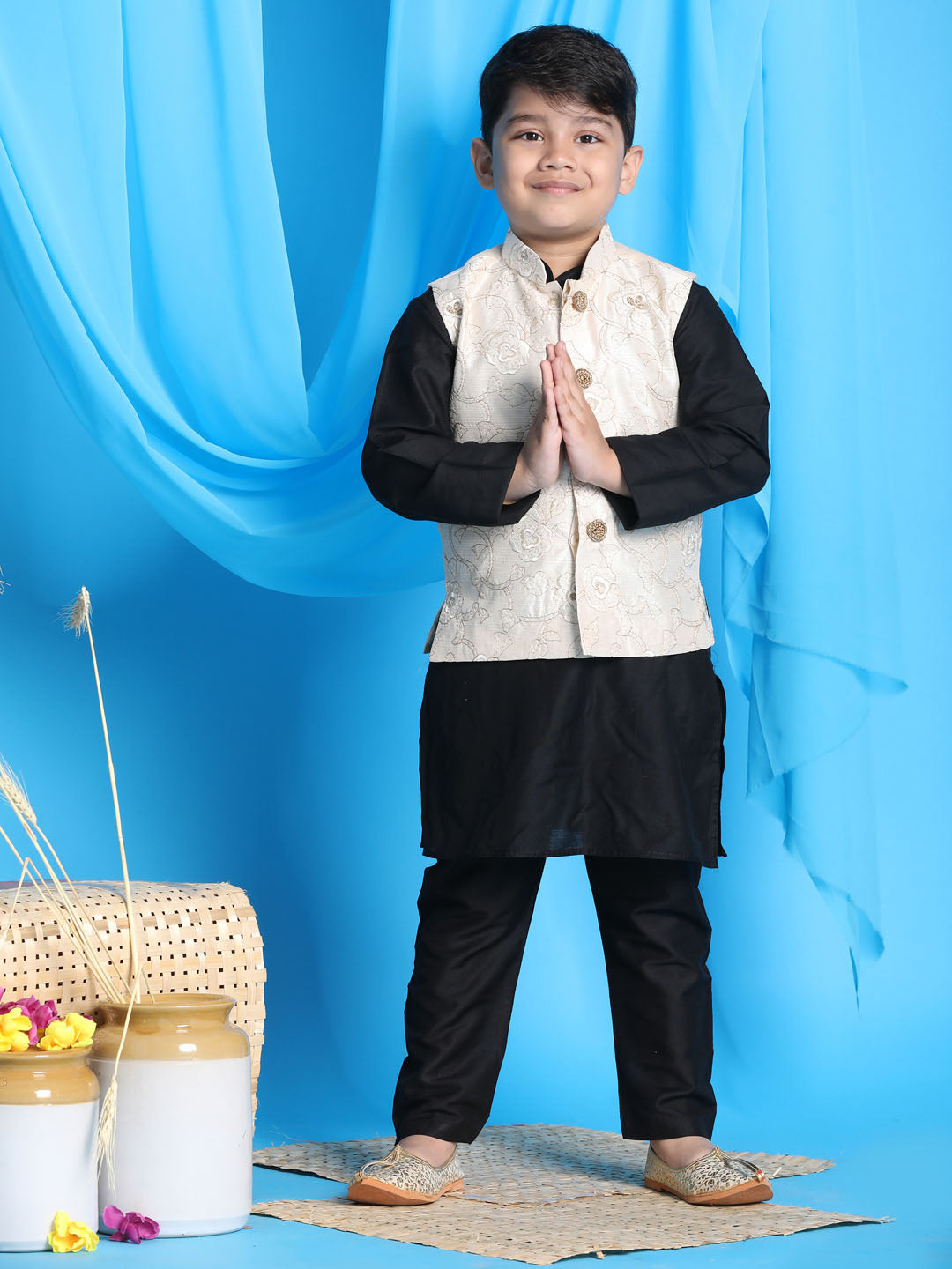 Vastramay boys beige embroidered nehru jacket with black color kurta pyjama set