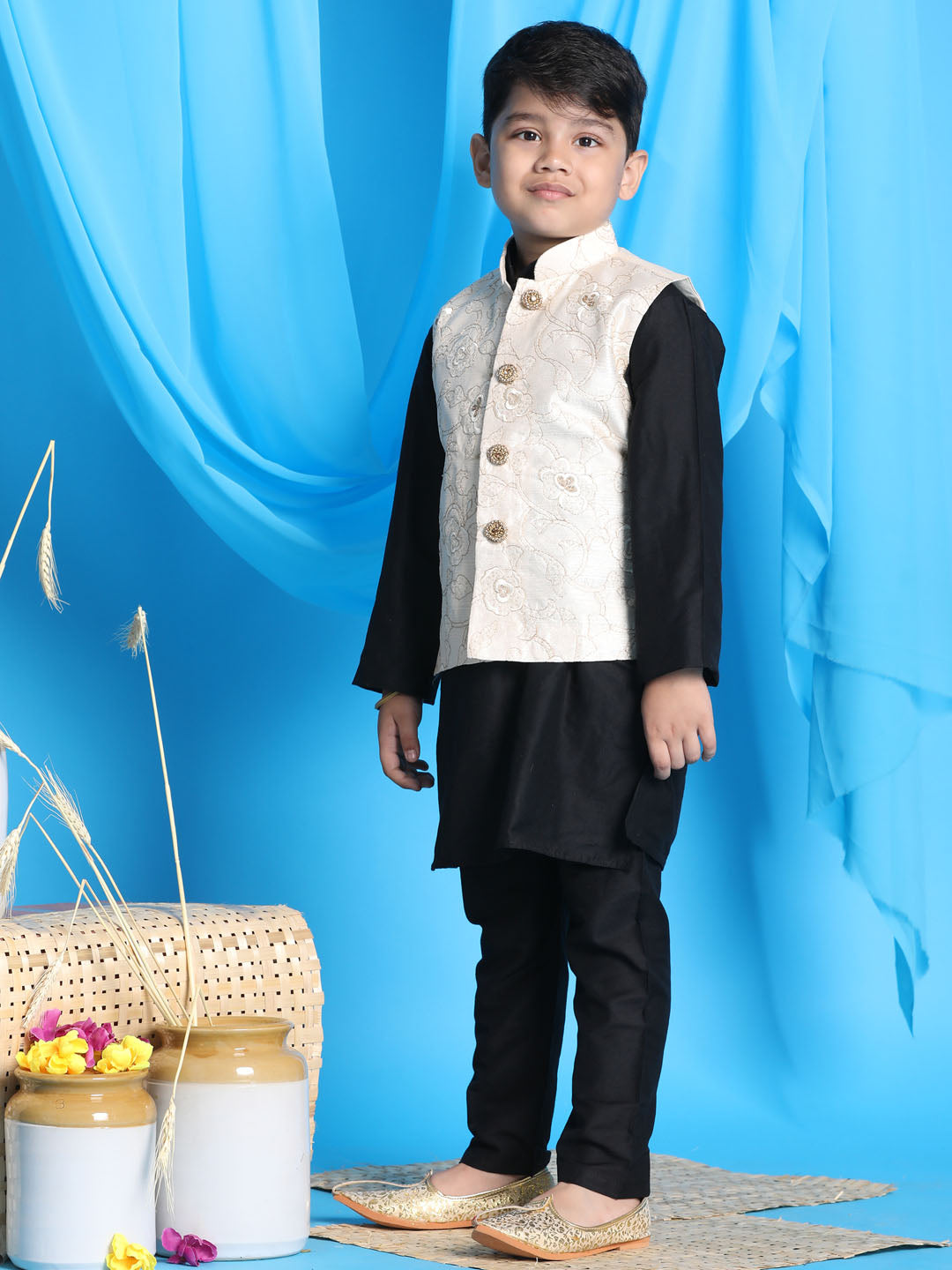 Vastramay boys beige embroidered nehru jacket with black color kurta pyjama set