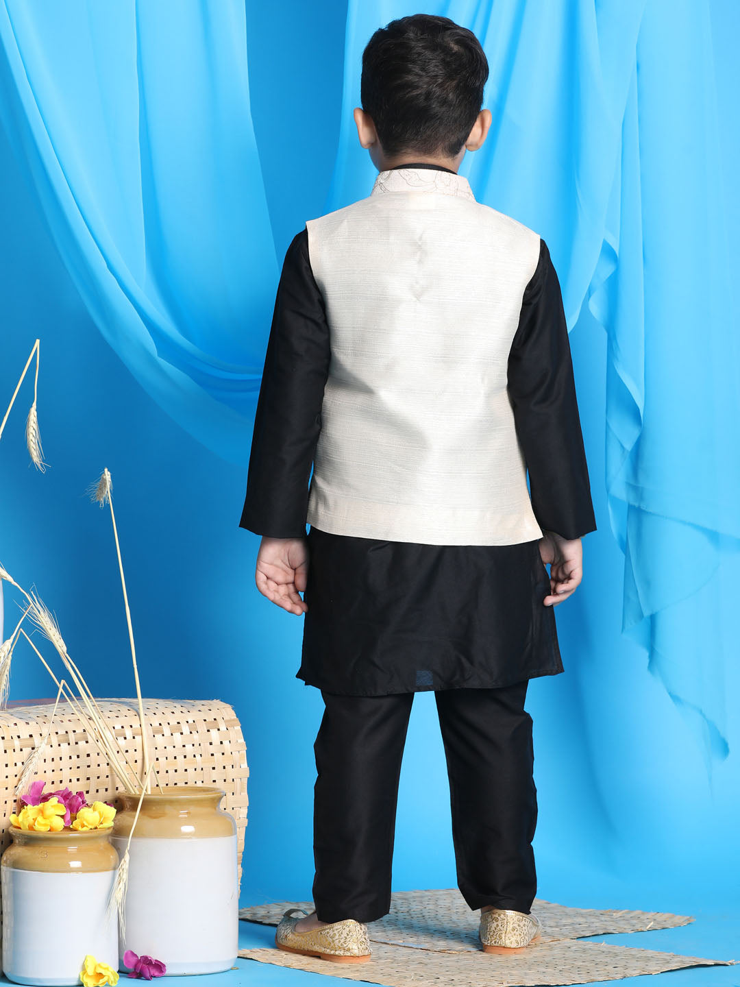 Vastramay boys beige embroidered nehru jacket with black color kurta pyjama set