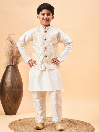 Vastramay Boy's Beige Nehru Jacket With Cream Kurta And Pyjama Set