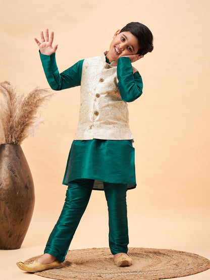 VASTRAMAY Boy's Beige Woven Nehru Jacket With Green Kurta Pyjama Set