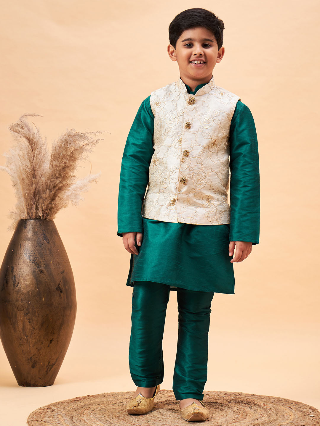 VASTRAMAY Boy's Beige Woven Nehru Jacket With Green Kurta Pyjama Set