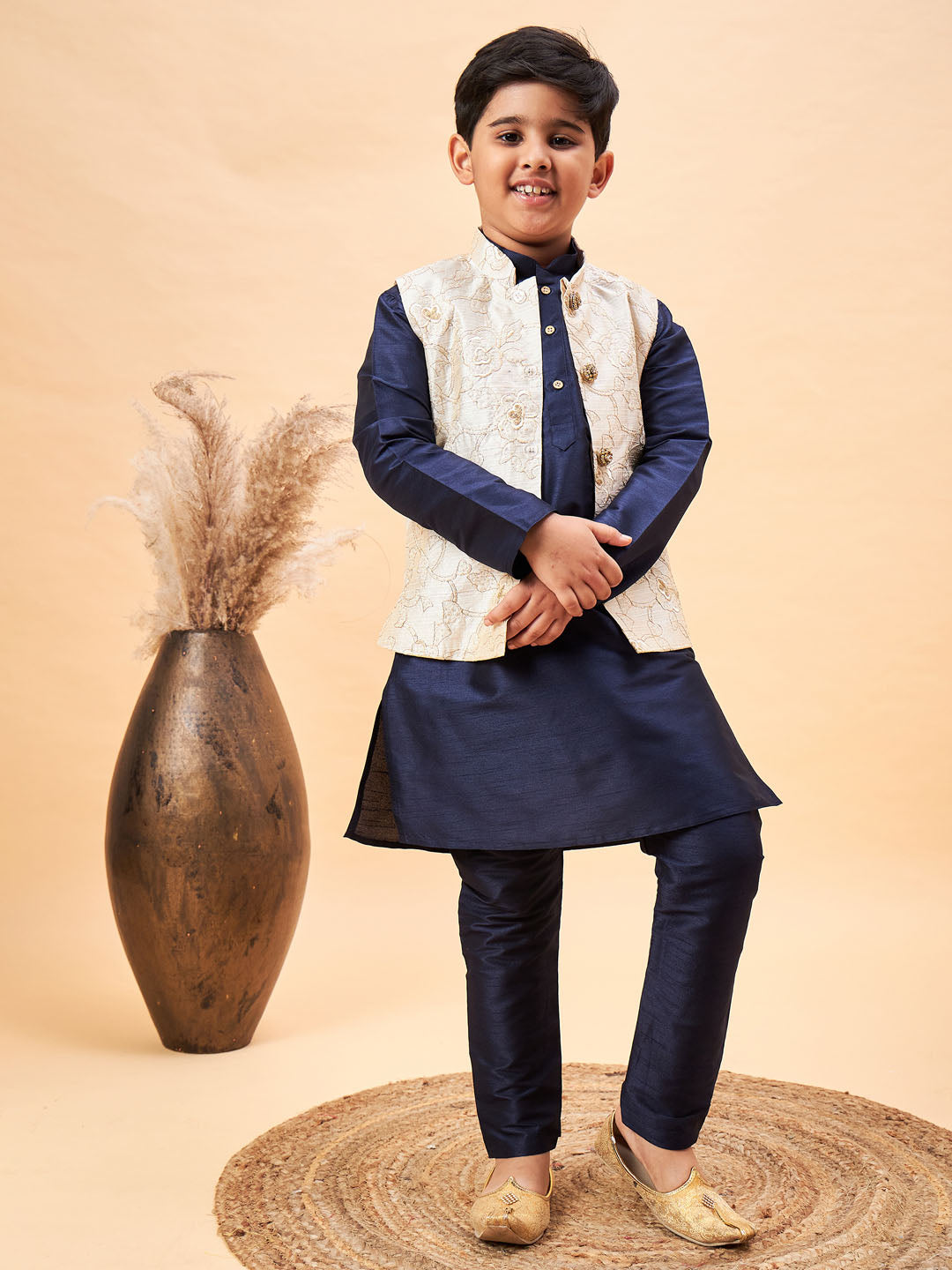 VASTRAMAY Boy's Beige Woven Nehru Jacket With Navy Blue Kurta Pyjama Set