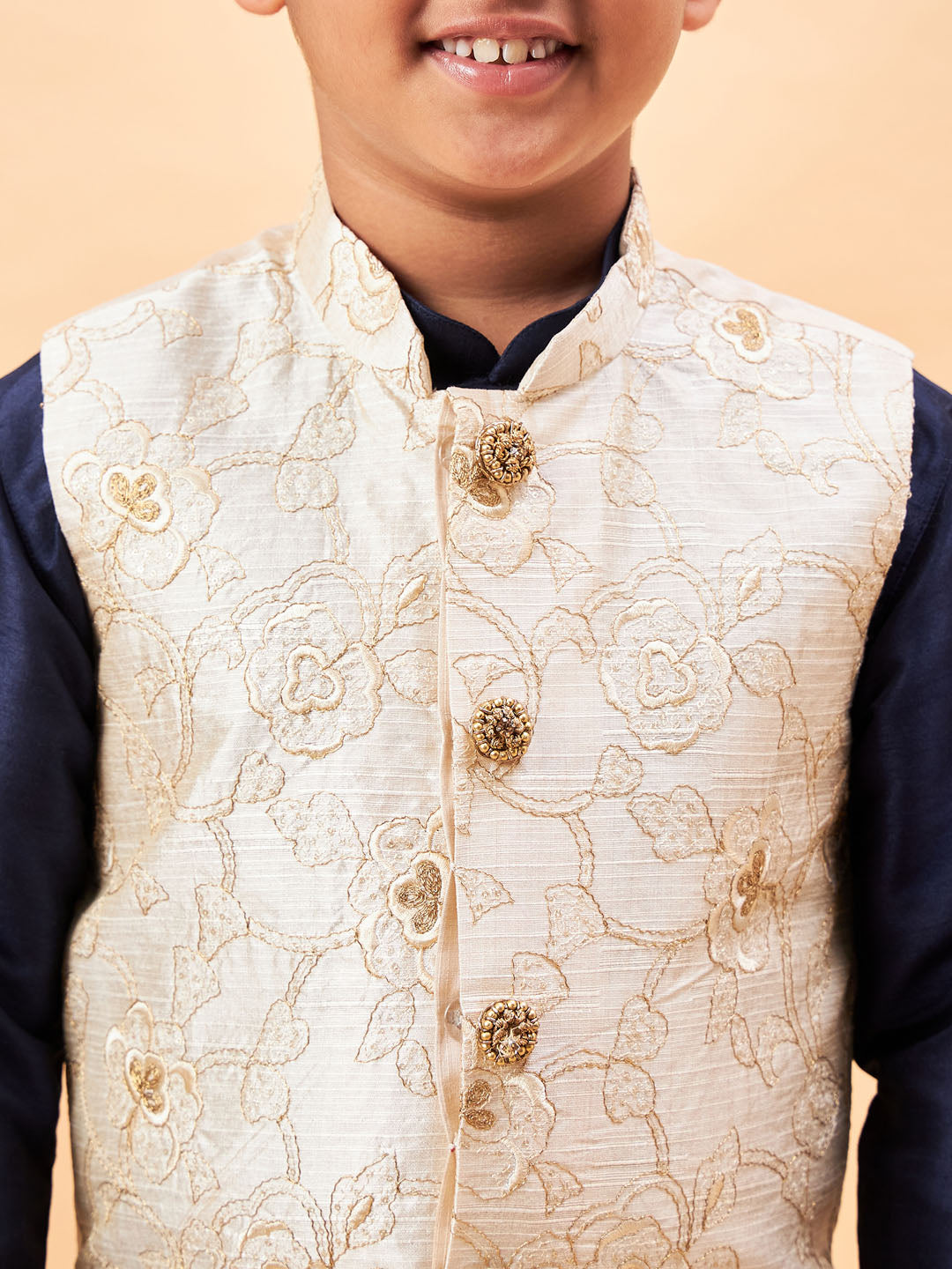 VASTRAMAY Boy's Beige Woven Nehru Jacket With Navy Blue Kurta Pyjama Set