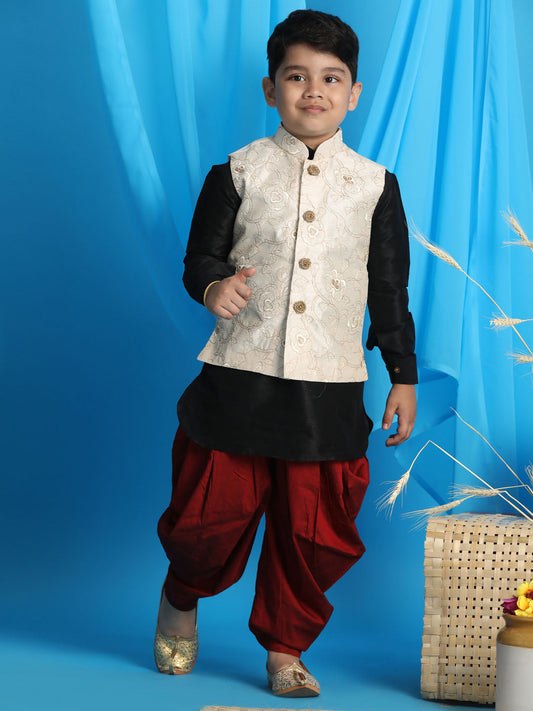 Vastramay boys beige embroidered nehru jacket with bleck kurta and maroon dhoti set