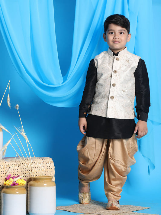 Vastramay boys beige embroidered nehru jacket with black kurta and rose gold dhoti set