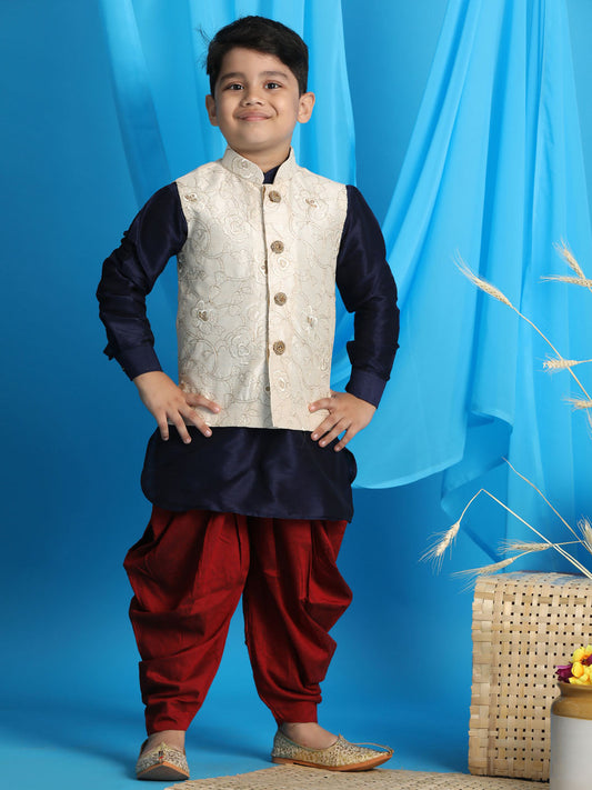 Vastramay boys beige embroidered nehru jacket with navy blue kurta and rose gold dhoti set