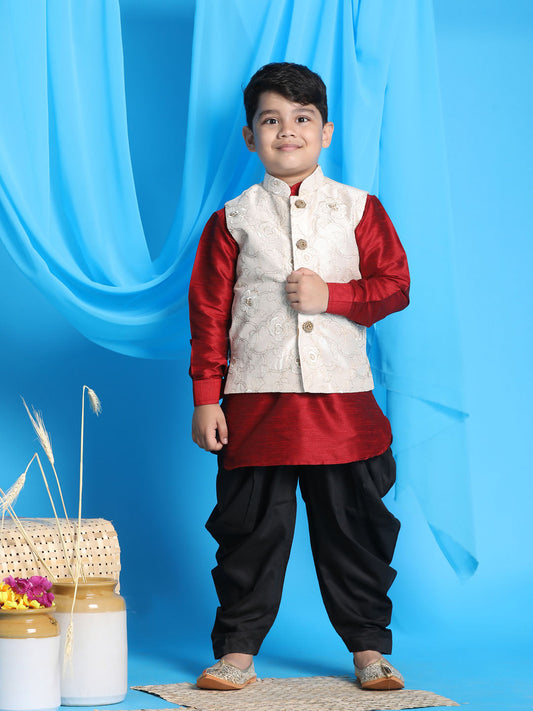 copy of Vastramay boys beige embroidered nehru jacket with maroon kurta and black dhoti set