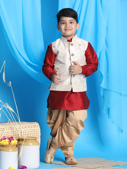 Vastramay boys beige embroidered nehru jacket with maroon kurta and rose gold dhoti set