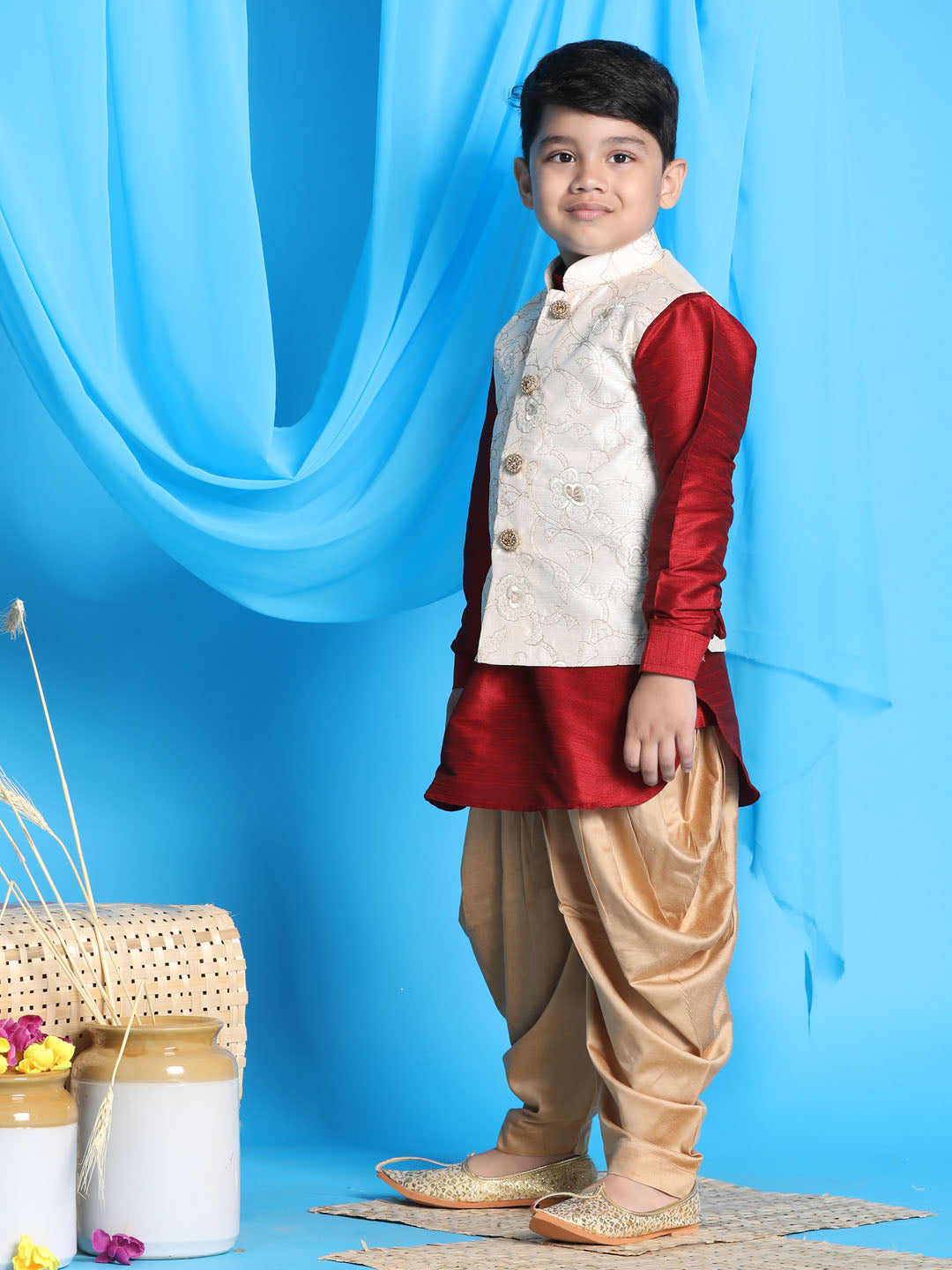 Vastramay boys beige embroidered nehru jacket with maroon kurta and rose gold dhoti set