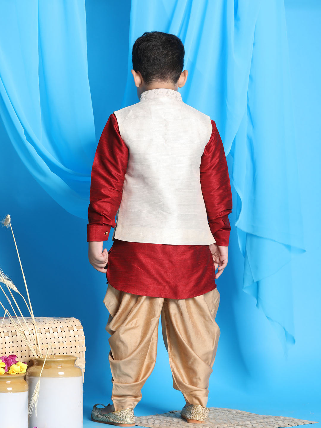 Vastramay boys beige embroidered nehru jacket with maroon kurta and rose gold dhoti set