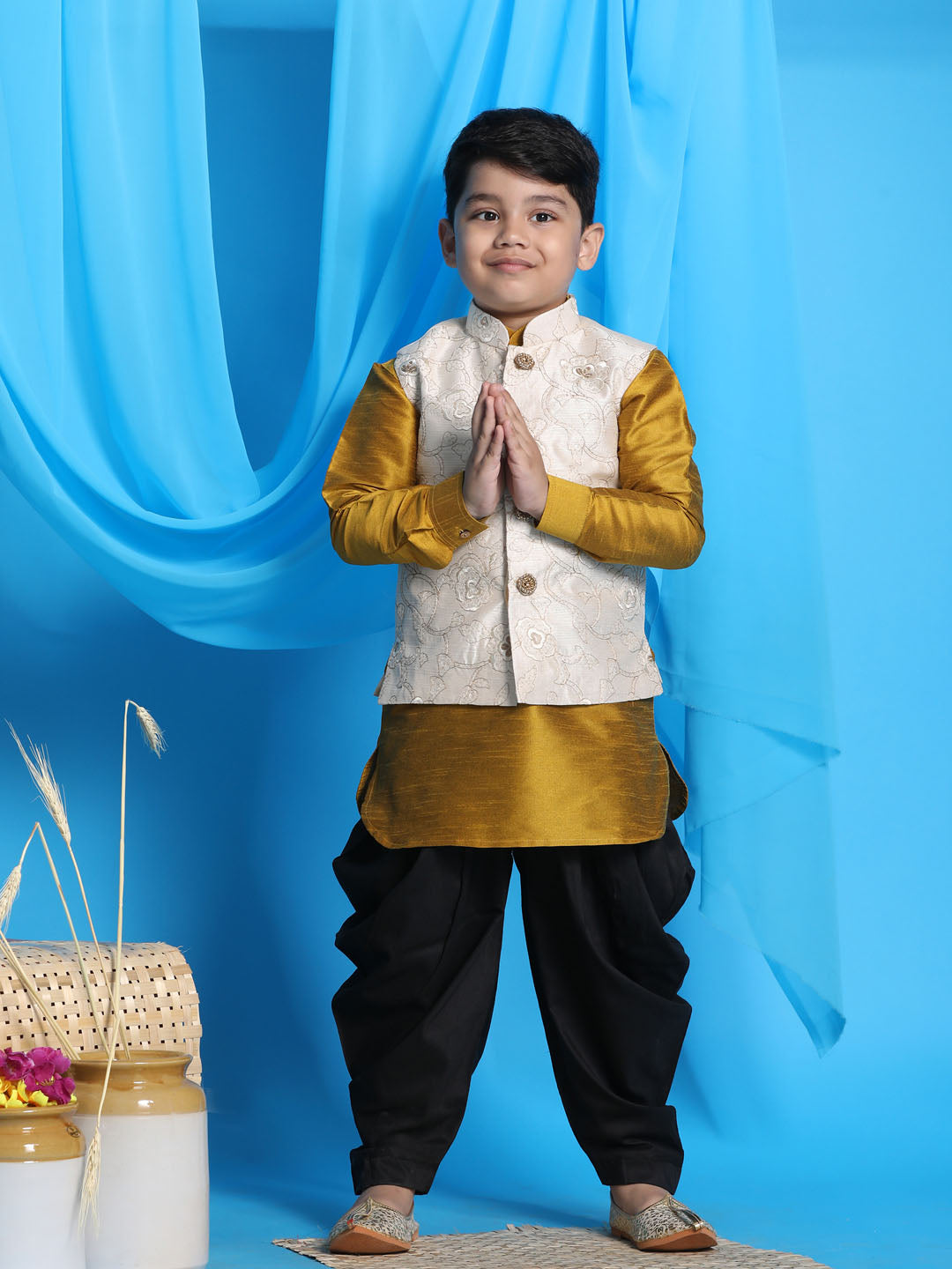 Vastramay boys beige embroidered nehru jacket with mustard kurta and black dhoti set