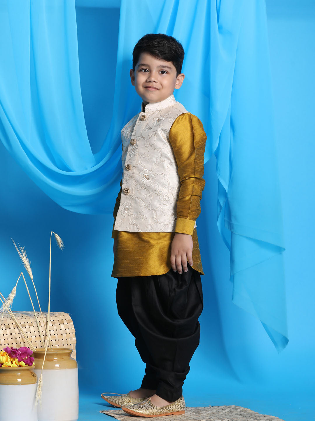 Vastramay boys beige embroidered nehru jacket with mustard kurta and black dhoti set