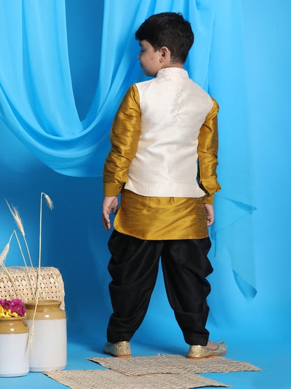 Vastramay boys beige embroidered nehru jacket with mustard kurta and black dhoti set