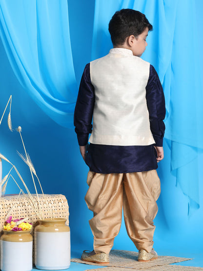 Vastramay boys beige embroidered nehru jacket with navy blue kurta and rose gold dhoti set 1