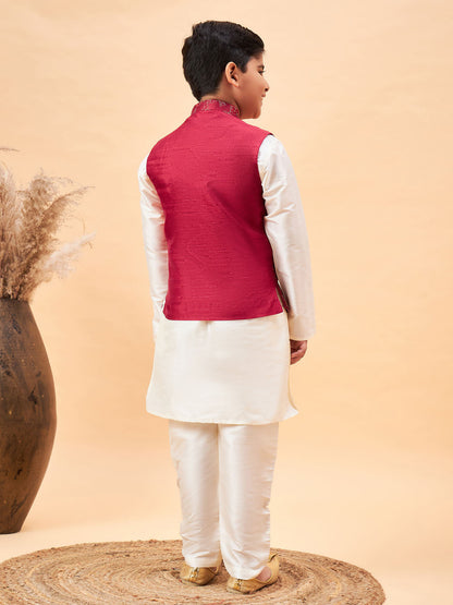 VASTRAMAY Boy's Maroon Nehru Jacket With Cream Kurta And Pyjama Set