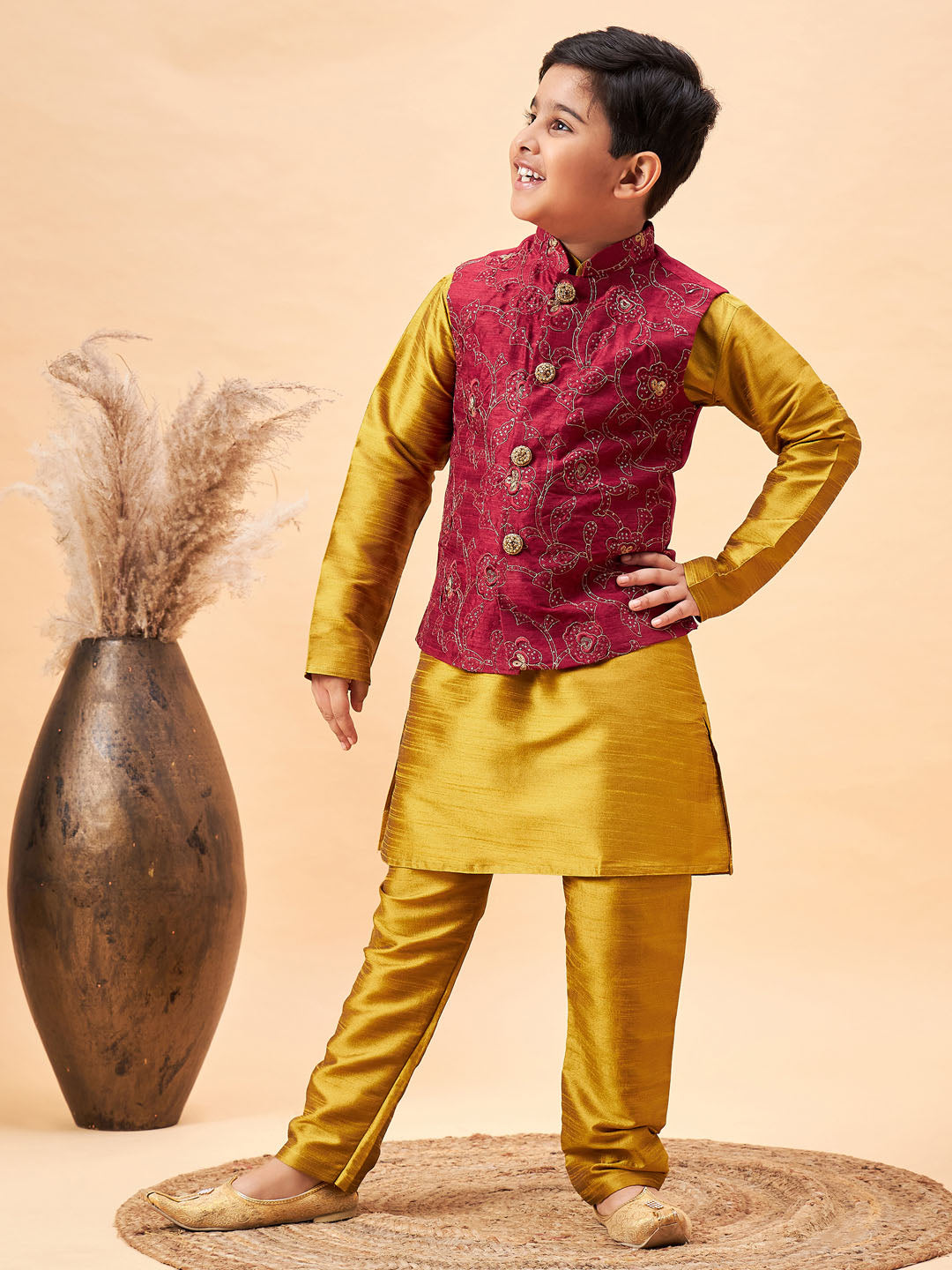 VASTRAMAY Boy's Maroon Woven Jacket With Mustard Kurta and Pyjama Set