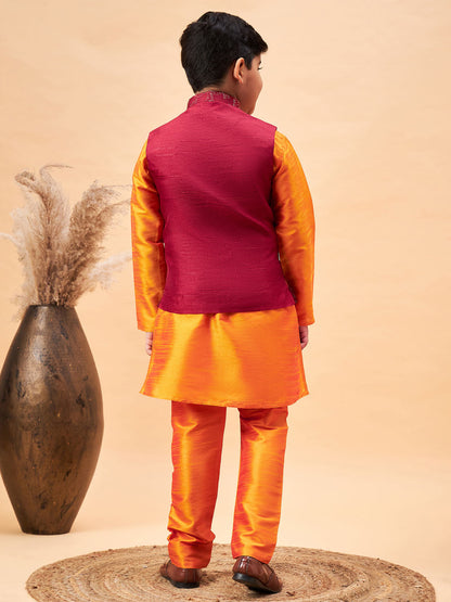 VASTRAMAY Boy's Maroon Nehru Jacket With Orange Kurta And Pyjama Set