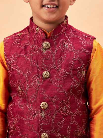 VASTRAMAY Boy's Maroon Nehru Jacket With Orange Kurta And Pyjama Set