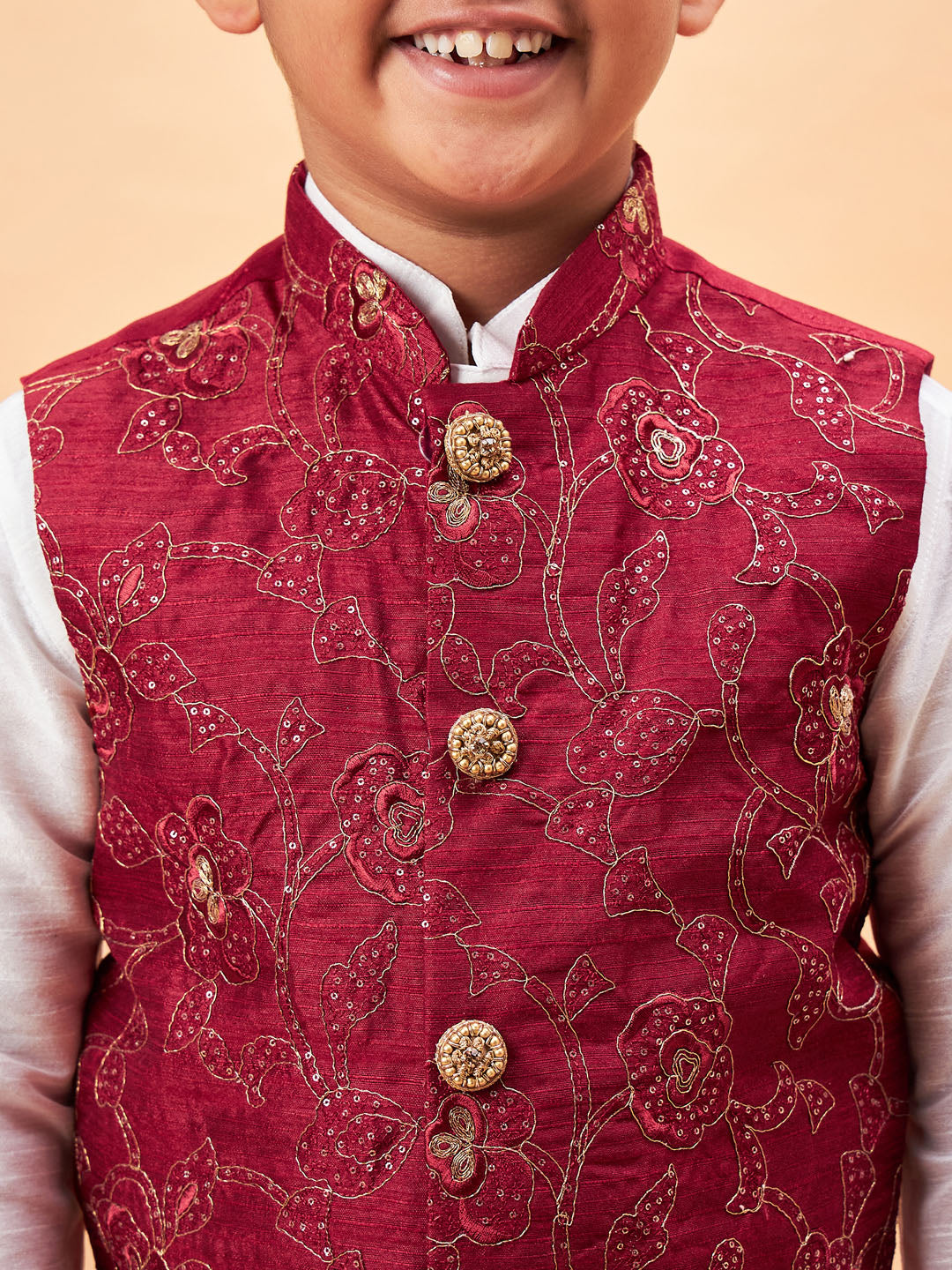 VASTRAMAY Boy's Maroon Nehru Jacket With White Kurta And Pyjama Set