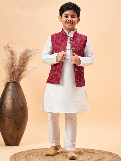 VASTRAMAY Boy's Maroon Nehru Jacket With White Kurta And Pyjama Set