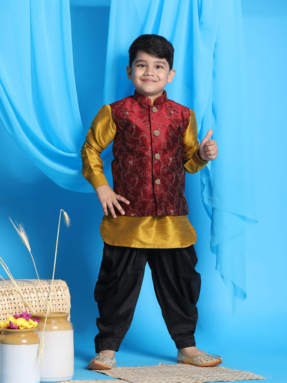 Vastramay boys maroon embroidered nehru jacket with mustard kurta and black dhoti set