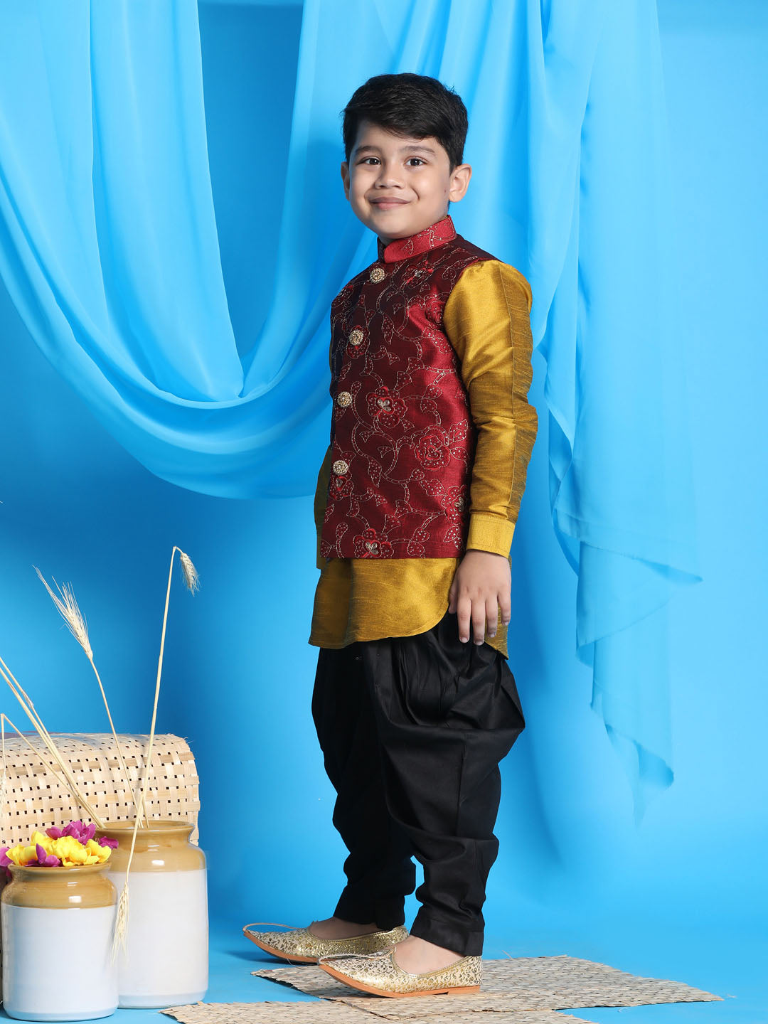 Vastramay boys maroon embroidered nehru jacket with mustard kurta and black dhoti set