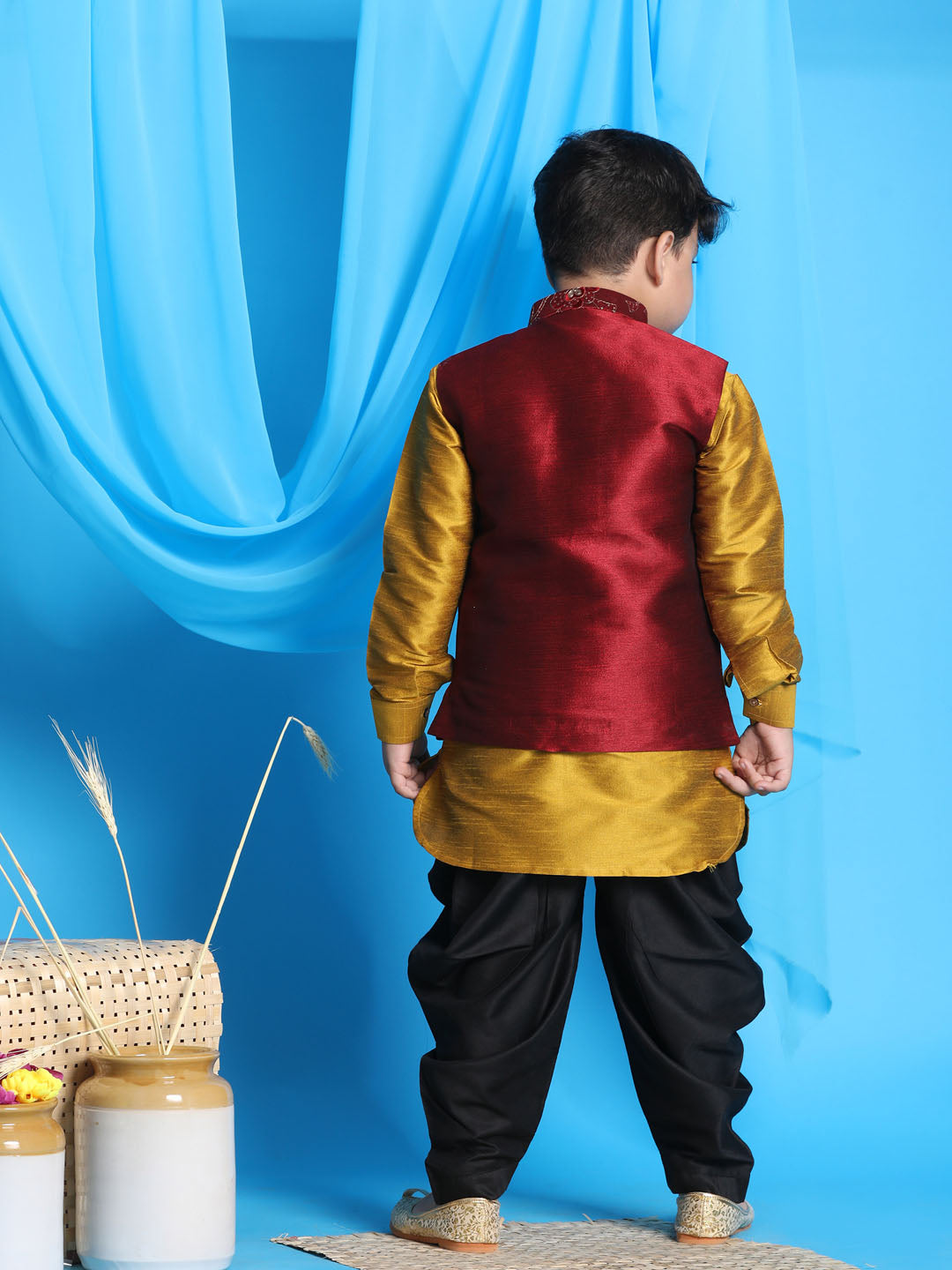 Vastramay boys maroon embroidered nehru jacket with mustard kurta and black dhoti set