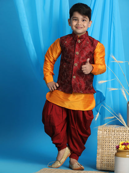 Vastramay boys maroon embroidered nehru jacket with orange kurta and black dhoti set