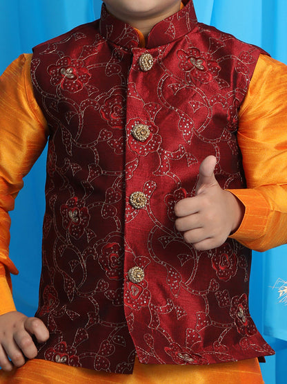 Vastramay boys maroon embroidered nehru jacket with orange kurta and black dhoti set