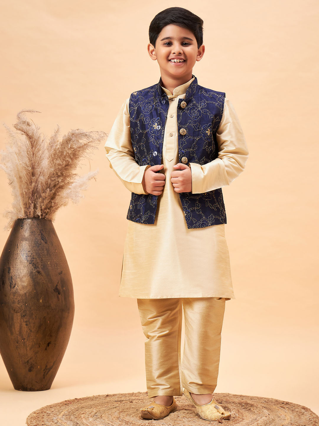 Vastramay Boy's Navy Blue Nehru Jacket With Gold Kurta And Pyjama Set