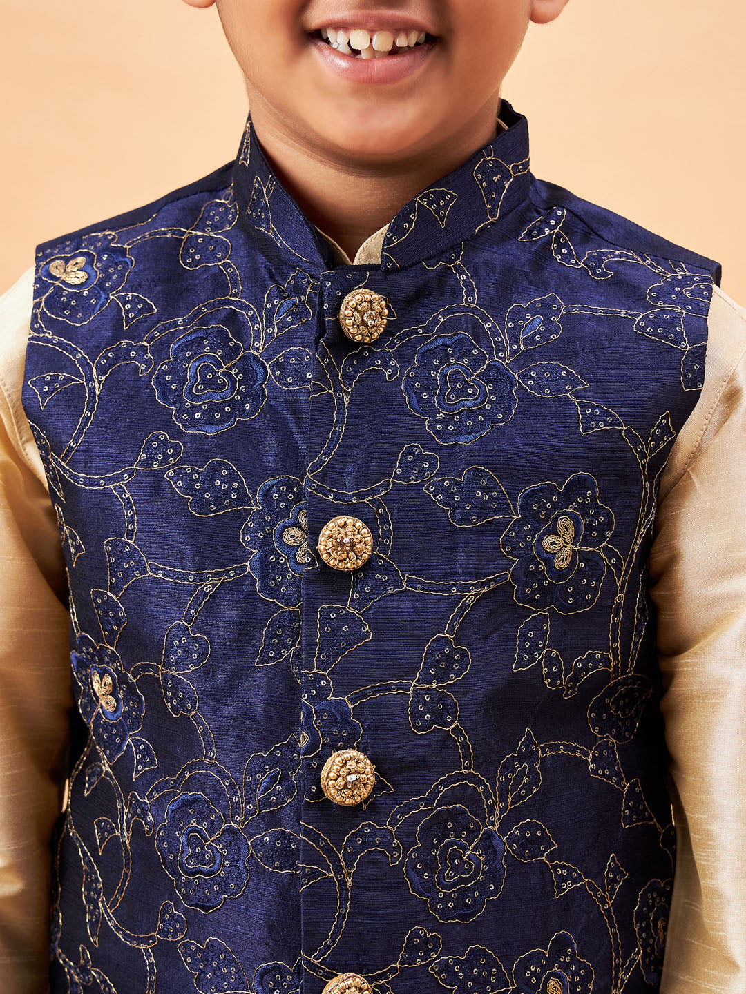 Vastramay Boy's Navy Blue Nehru Jacket With Gold Kurta And Pyjama Set