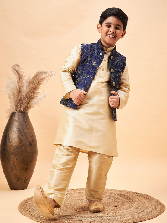 Vastramay Boy's Navy Blue Nehru Jacket With Gold Kurta And Pyjama Set