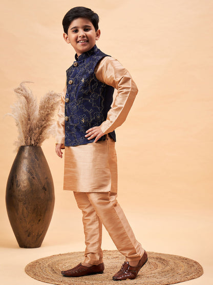 VASTRAMAY Boy's Navy Blue Nehru Jacket With Rose Gold Kurta And Pyjama Set