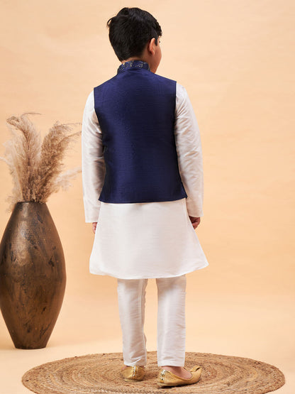 VASTRAMAY Boy's Navy Blue Nehru Jacket With White Kurta And Pyjama Set