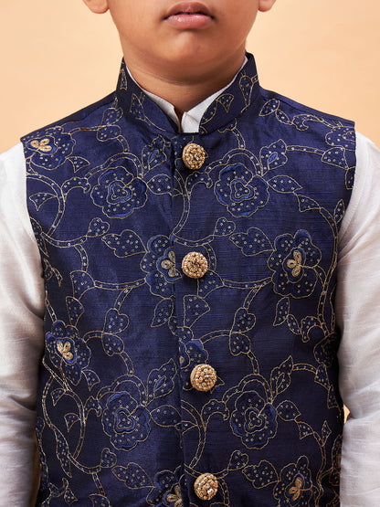 VASTRAMAY Boy's Navy Blue Nehru Jacket With White Kurta And Pyjama Set