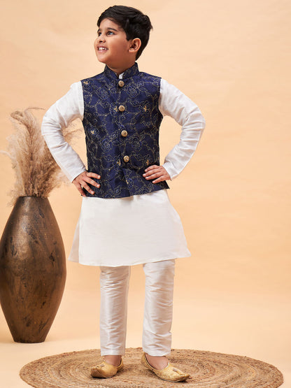 VASTRAMAY Boy's Navy Blue Nehru Jacket With White Kurta And Pyjama Set