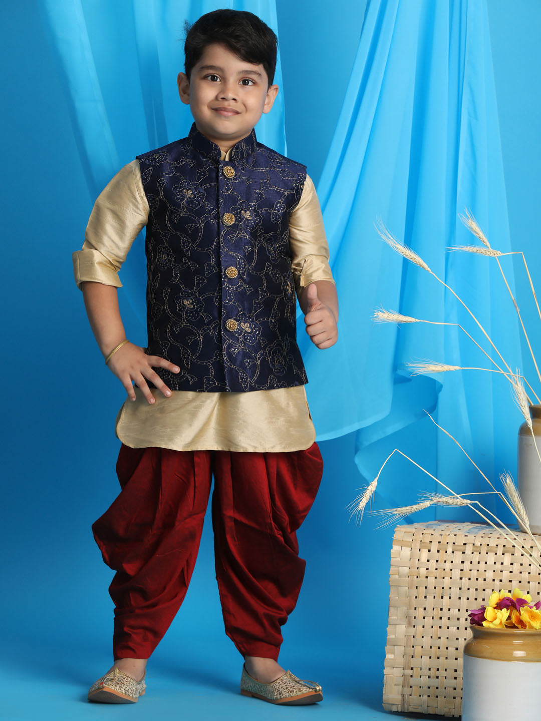 Vastramay boys navy blue embroidered nehru jacket with gold kurta and maroon dhoti set